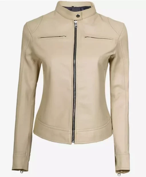 Dodge Beige Women’s Cafe Racer Leather Jacket Main