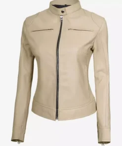 Dodge Beige Women’s Cafe Racer Leather Jacket Style