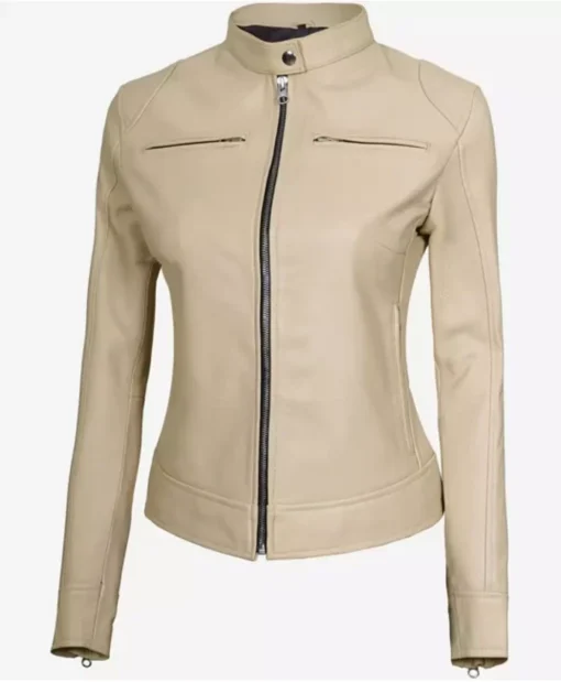 Dodge Beige Women’s Cafe Racer Leather Jacket Style