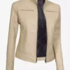 Dodge Beige Women’s Cafe Racer Leather Jacket Zipper