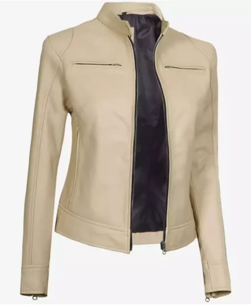 Dodge Beige Women’s Cafe Racer Leather Jacket Zipper