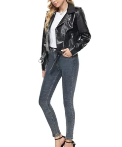 Fahsyee Black Leather Jacket for Women Stand UP