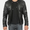 Hornard John Black Leather Jacket with Hood Zipper