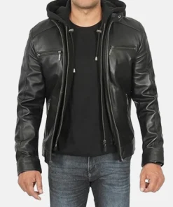 Hornard John Black Leather Jacket with Hood Zipper