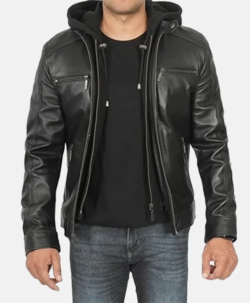 Hornard John Black Leather Jacket with Hood Zipper