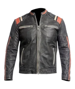 James Men's Brown Striped Cafe Racer Leather Jacket Main