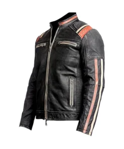 James Men's Brown Striped Cafe Racer Leather Jacket Side