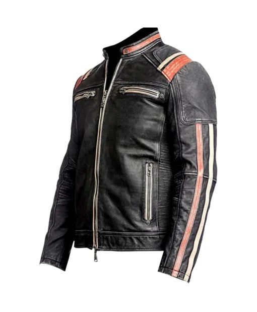 James Men's Brown Striped Cafe Racer Leather Jacket Side