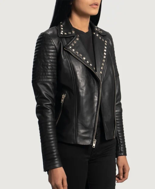 Kelly Studded Black Leather Biker Jacket Side