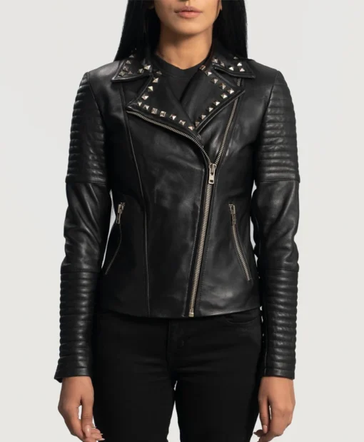 Kelly Studded Black Leather Biker Jacket Zipper