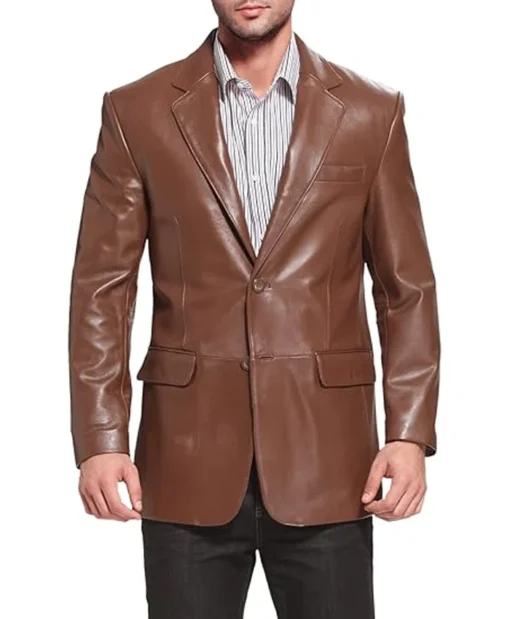 Men Richard Brown Classic Leather Blazer Sport Coat Closure