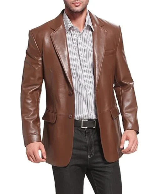 Men Richard Brown Classic Leather Blazer Sport Coat Inner