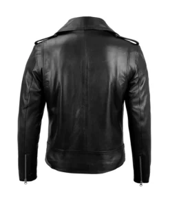 Men's Black Belted Moto Leather Jacket Back