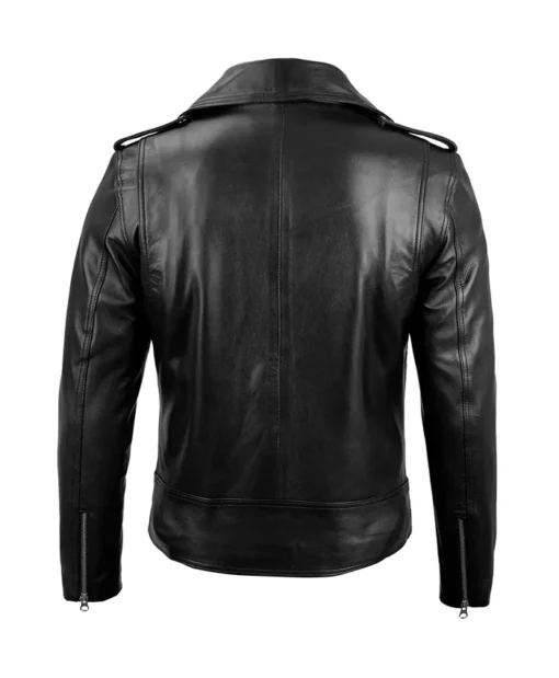 Men's Black Belted Moto Leather Jacket Back