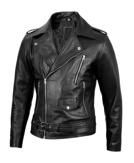 Men's Black Belted Moto Leather Jacket Main