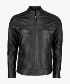 Mens Black Cafe Racer Leather Jacket Collar