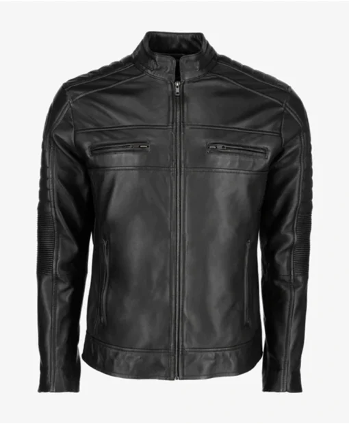 Mens Black Cafe Racer Leather Jacket Collar