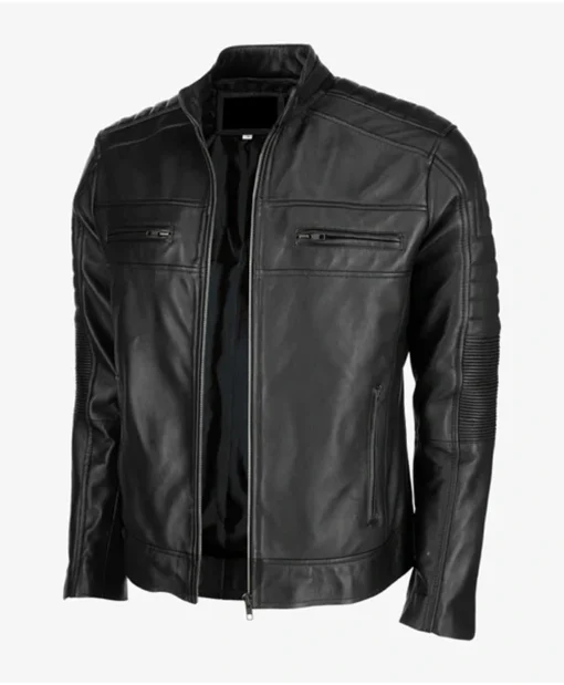 Mens Black Cafe Racer Leather Jacket Side