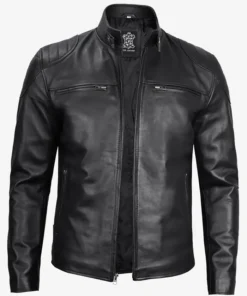 Men's Black Cafe Racer Leather Jacket With Zipper Closure Main