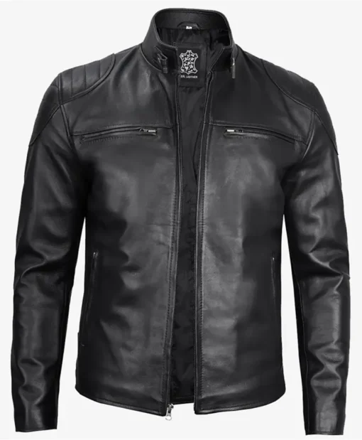 Men's Black Cafe Racer Leather Jacket With Zipper Closure Main