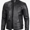 Men's Black Cafe Racer Leather Jacket With Zipper Closure Side