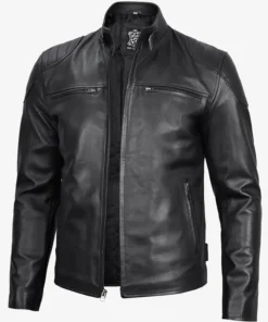 Men's Black Cafe Racer Leather Jacket With Zipper Closure Side