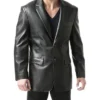 Men's Black Classic Leather Trendy Blazer Button