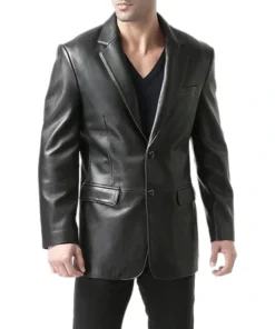 Men's Black Classic Leather Trendy Blazer Button