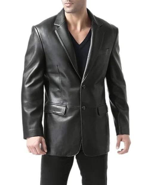 Men's Black Classic Leather Trendy Blazer Button