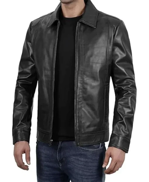 Mens Black Leather Aviator Jacket Side