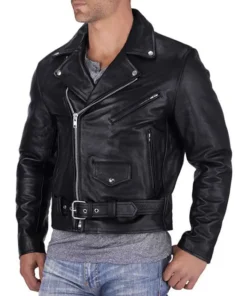 Mens Black Leather Biker Jacket Side