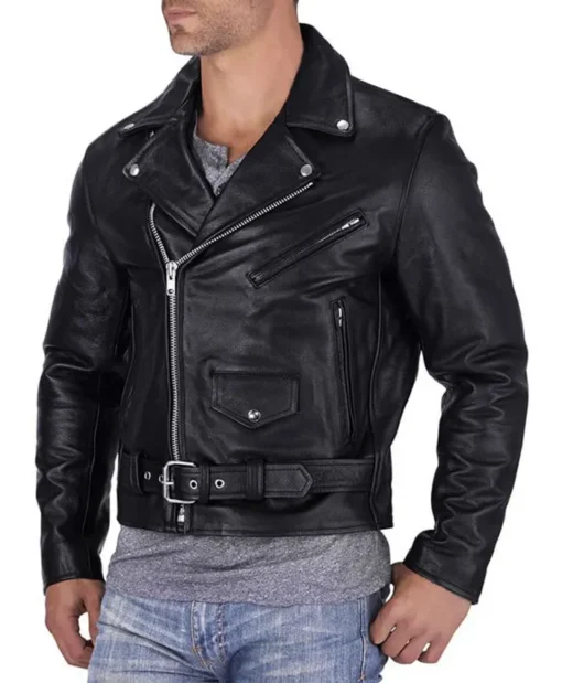 Mens Black Leather Biker Jacket Side