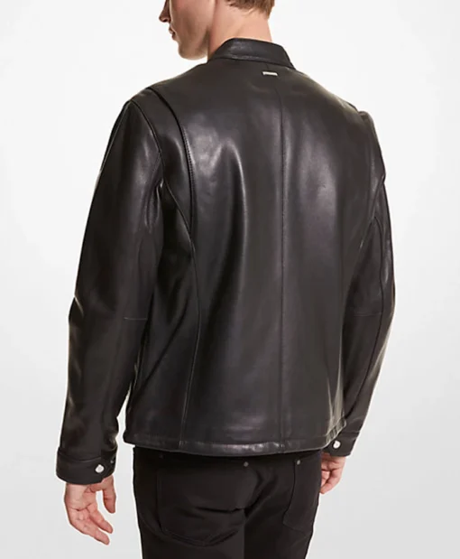 Men's Black Leather Motorcycle Jacket With Snap Tab Collar Back