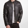 Men's Black Leather Motorcycle Jacket With Snap Tab Collar Main