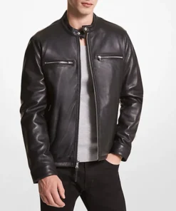 Men's Black Leather Motorcycle Jacket With Snap Tab Collar Main