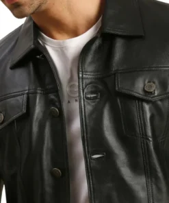 Mens Black Leather Trucker Jacket Buttoned