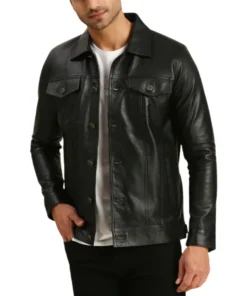 Mens Black Leather Trucker Jacket Main