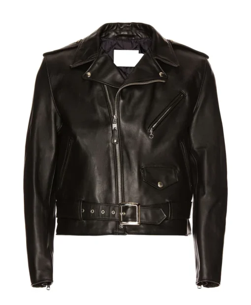 Men's Black Shiny Asymmetrical Closure Biker Jacket Front