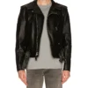 Men's Black Shiny Asymmetrical Closure Biker Jacket Main