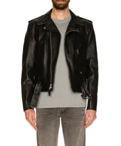 Men's Black Shiny Asymmetrical Closure Biker Jacket Main