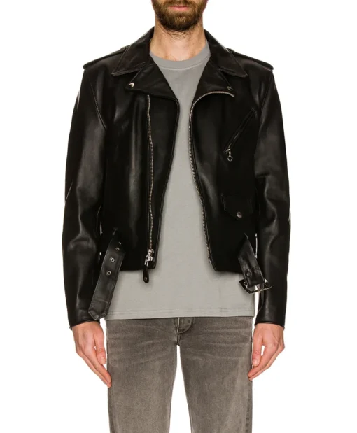 Men's Black Shiny Asymmetrical Closure Biker Jacket Main