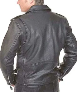 Men's Black Vintage Leather Biker Jacket With Asymmetrical Collar Back