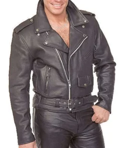 Men's Black Vintage Leather Biker Jacket With Asymmetrical Collar Main