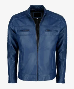 Mens Blue Cafe Racer Leather Jacket Main