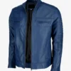 Mens Blue Cafe Racer Leather Jacket Side