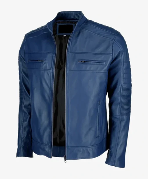 Mens Blue Cafe Racer Leather Jacket Side