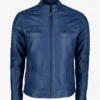 Mens Blue Cafe Racer Leather Jacket Snap