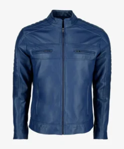 Mens Blue Cafe Racer Leather Jacket Snap