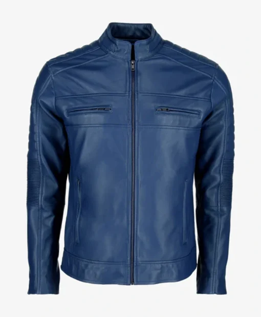 Mens Blue Cafe Racer Leather Jacket Snap