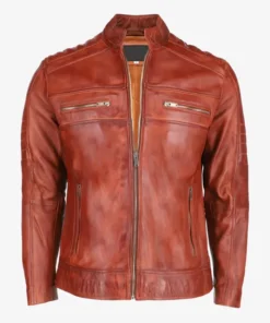 Mens Brown Cafe Racer Leather Jacket Main